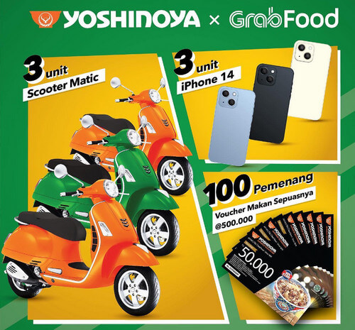 promo yoshinoya dan grabfood berhadiah motor vespa iphone 14
